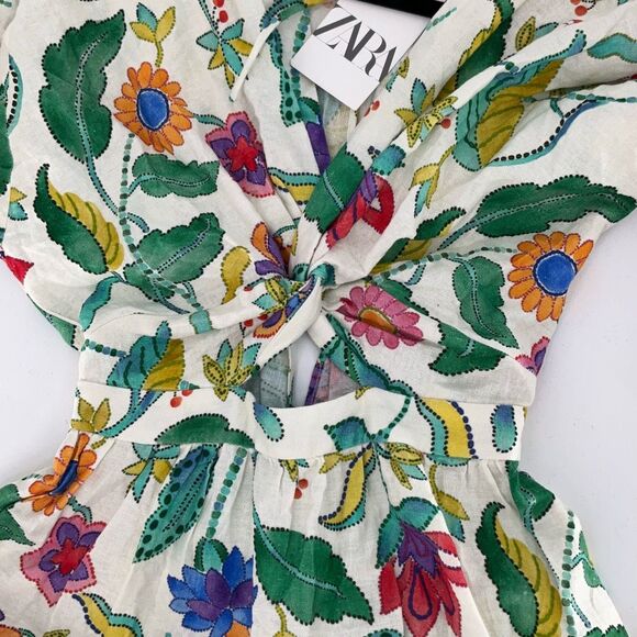 NWT Zara Multicolor Floral Linen Blend 3/4 Sleeves Knotted Maxi Dress Size XS - Picture 6 of 13